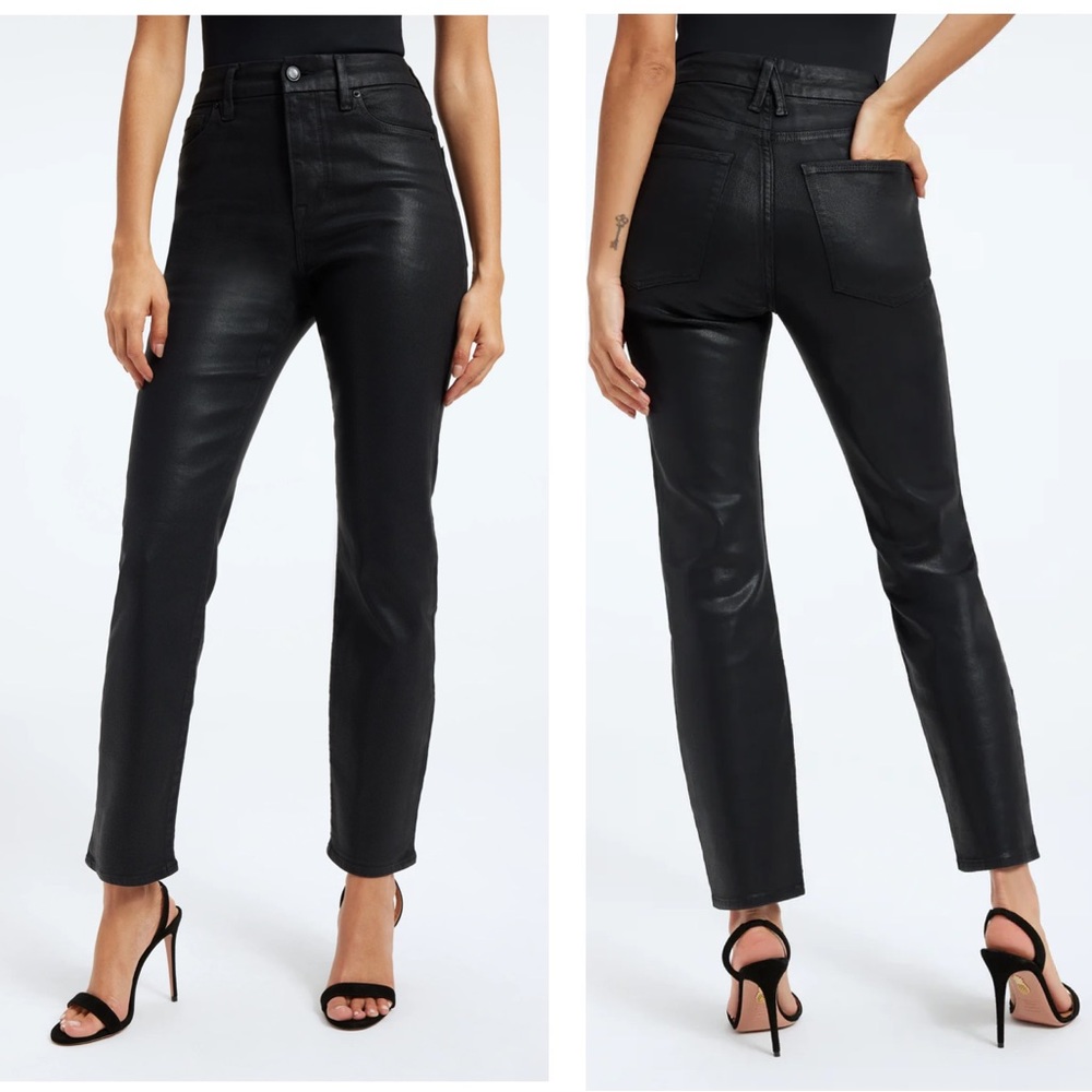 NWOT Good American Good Legs Jeans in Black Leather Coated Size 00